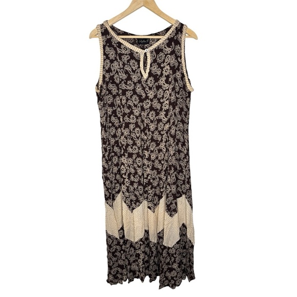 Lola P. Dresses & Skirts - Lola P Boho Maxi Dress XL Brown Cream Floral Paisley Sleeveless Rayon